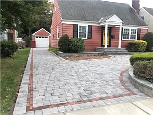 nicolock 6x9 granite city herringbone gray paver driveway with red old vienna fire island border